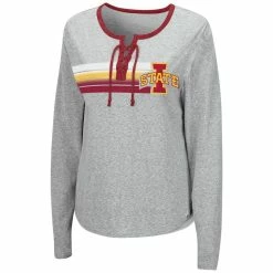 Women's Colosseum Heathered Gray Iowa State Cyclones Sundial Tri-Blend Long Sleeve Lace-Up T-Shirt -Colosseum Shop DSCO1143784001 1927 ALT2