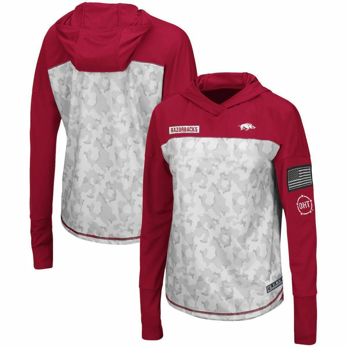 Colosseum Women's Gray/Cardinal Arkansas Razorbacks OHT Military Appreciation Mission Arctic Camo Hoodie Long Sleeve T-Shirt 1 Colosseum Women's Gray/Cardinal Arkansas Razorbacks OHT Military Appreciation Mission Arctic Camo Hoodie Long Sleeve T-Shirt