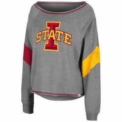 Women's Colosseum Heather Gray Iowa State Cyclones Amped Chevron Stripe Raglan Boat Neck Pullover Sweatshirt -Colosseum Shop DSCO1148305983 1927 ALT2
