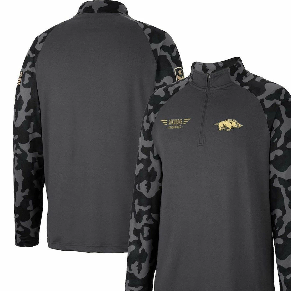 Colosseum Men's Charcoal Arkansas Razorbacks OHT Military Appreciation Long Range Raglan Quarter-Zip Jacket 2 Colosseum Men's Charcoal Arkansas Razorbacks OHT Military Appreciation Long Range Raglan Quarter-Zip Jacket - Image 2