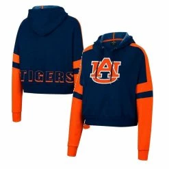Women's Colosseum Navy Auburn Tigers Throwback Stripe Arch Logo Cropped Pullover Hoodie