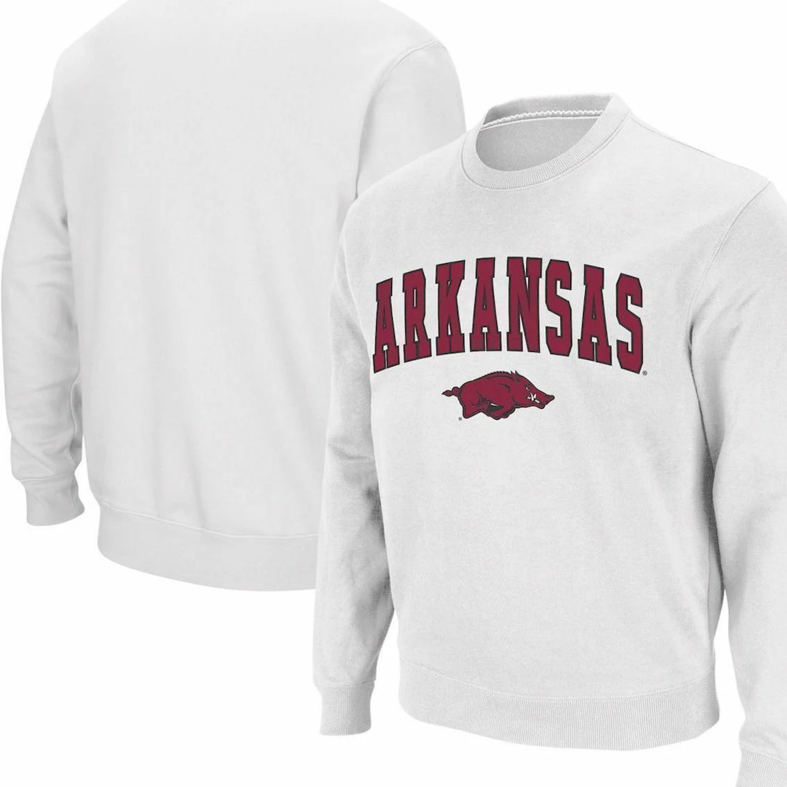 Men's Colosseum White Arkansas Razorbacks Arch & Logo Crew Neck Sweatshirt 2 Men's Colosseum White Arkansas Razorbacks Arch & Logo Crew Neck Sweatshirt - Image 2